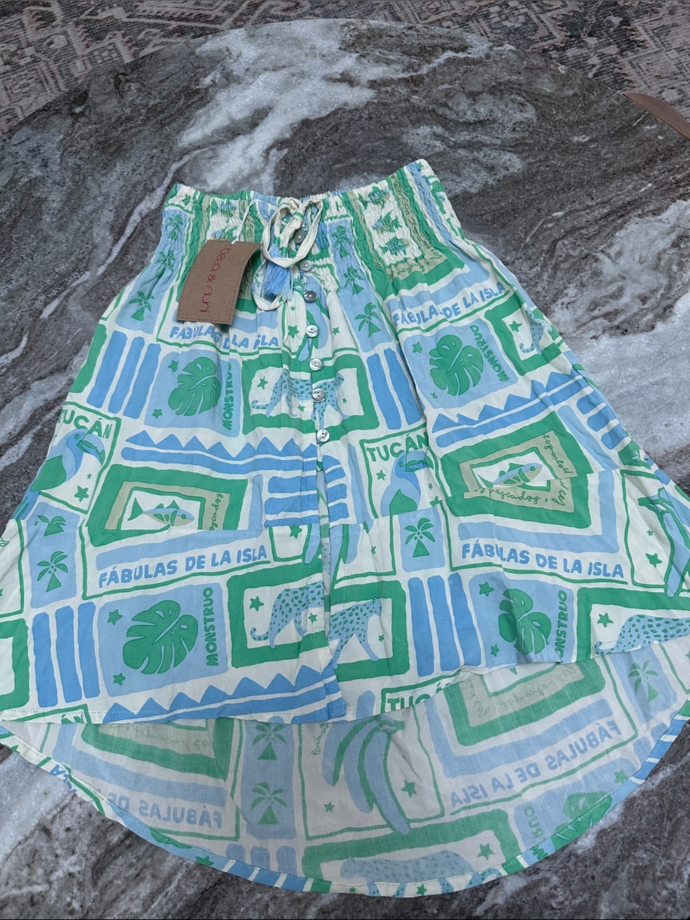 NWT Bela & Nuni Fabula Blue/Green Tropical Print Smock Hi-Lo Skirt Resortwear 7